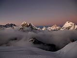 12 21 Nuptse South Face, Everest, Lhotse South Face, Lhotse, Lhotse Middle, Lhotse Shar, Peak 41, P6770, Makalu West Face, Chamlang From Mera High Camp Just After Sunset Nuptse, Everest, Lhotse, Lhotse Middle and Lhotse Shar, Peak 41, Mera La, P6770, Makalu, Hongu Chuli and Chamlang in the alpenglow just after sunset from Mera High Camp (5770m).